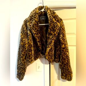 Faux fur Leopard print pea coat. Half length. Dress coat.